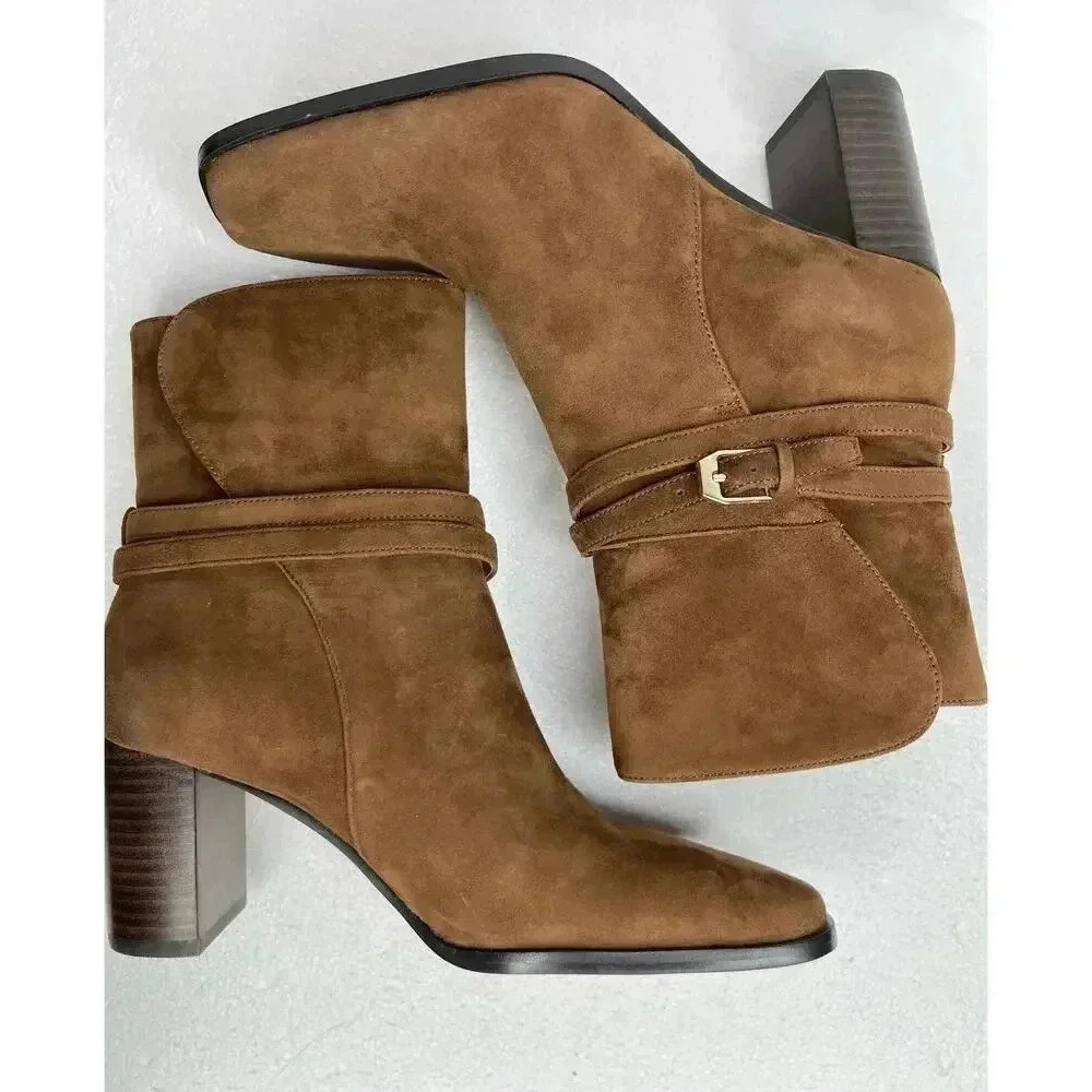 Ann Taylor Wraparound Buckle High Block Heel Suede Boots size 6 New Dark Maple - Picture 11 of 11
